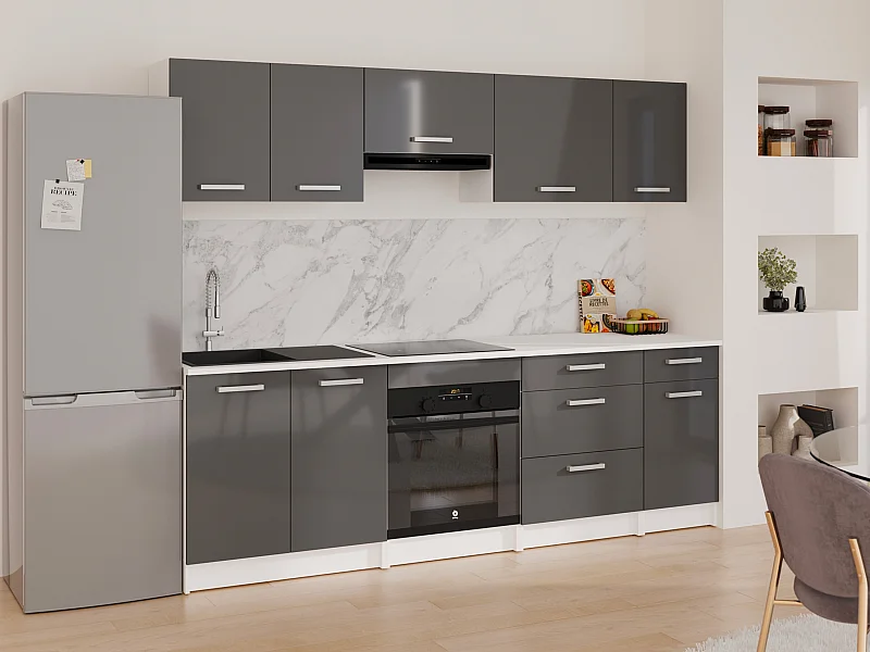 Cuisine complète - Avec plan de travail 240 cm - Gris brillant et Blanc - TRATTORIA