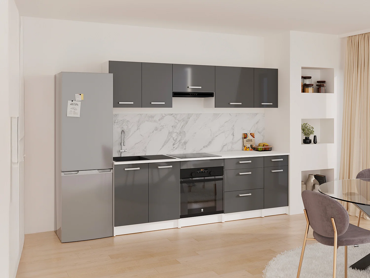 Cuisine complète - Avec plan de travail 240 cm - Gris brillant et Blanc - TRATTORIA