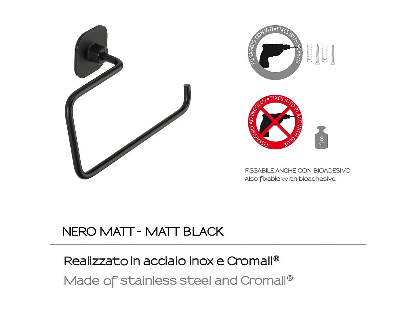 Porte-Serviettes Mural En Anneau D'acier Inoxydable Noir Mat | Timo