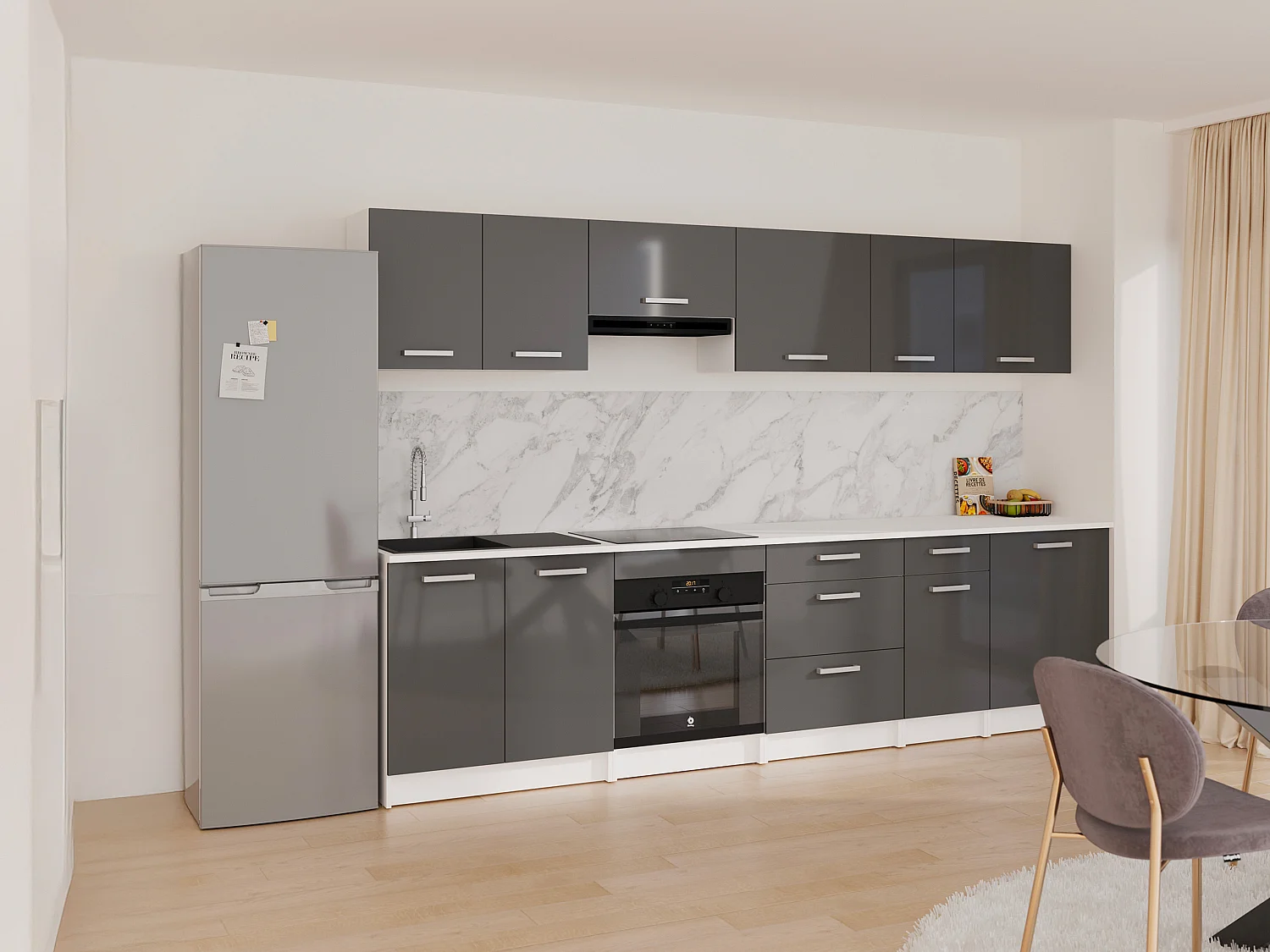 Cuisine complète - Avec plan de travail 300 cm - Gris brillant et Blanc - TRATTORIA