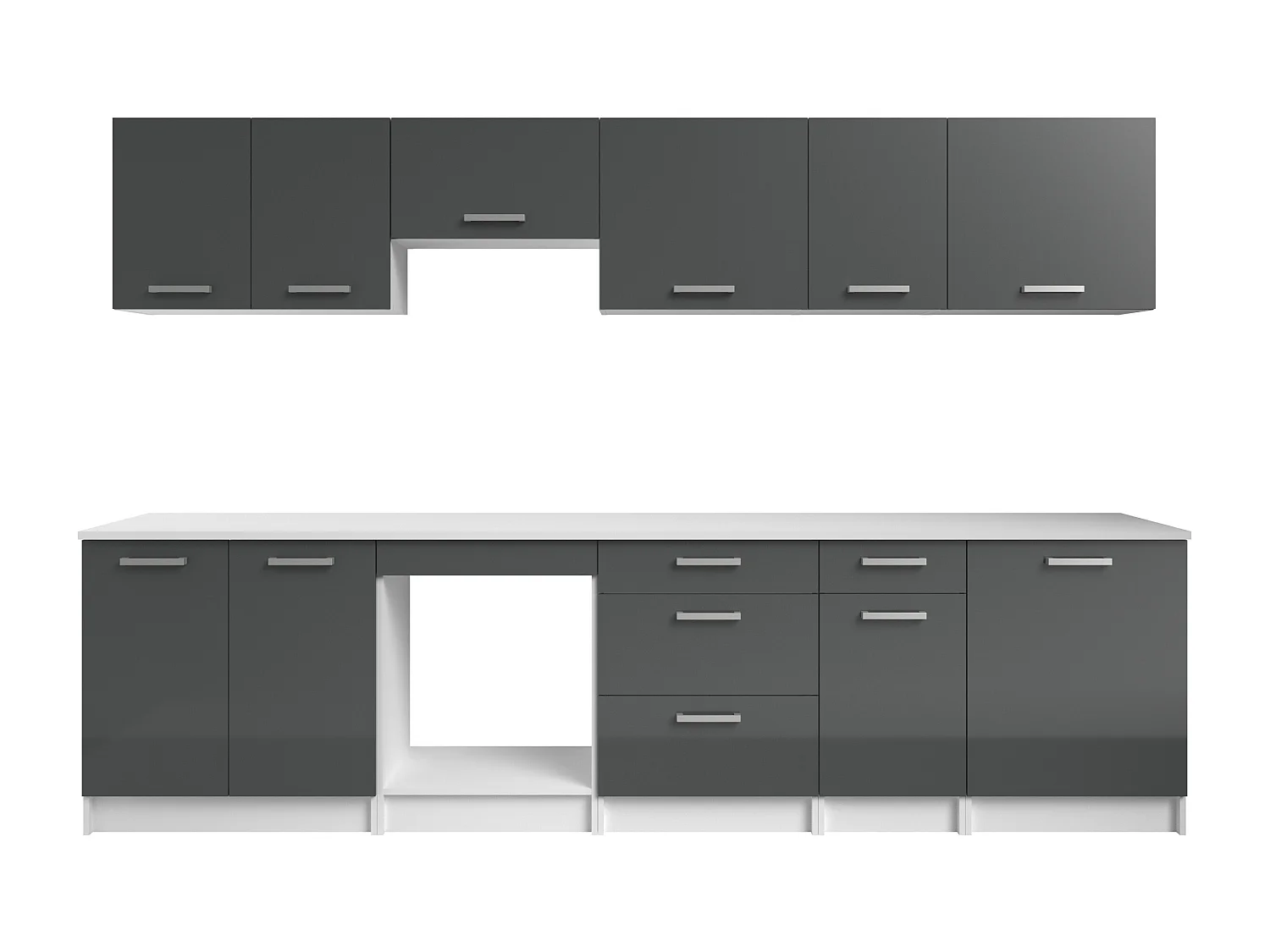 Komplette Küche – Mit Arbeitsplatte 300 cm – Glänzend Grau & Weiß – TRATTORIA