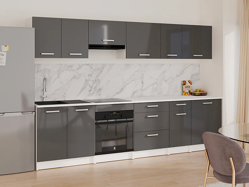 Cuisine complète - Avec plan de travail 300 cm - Gris brillant et Blanc - TRATTORIA