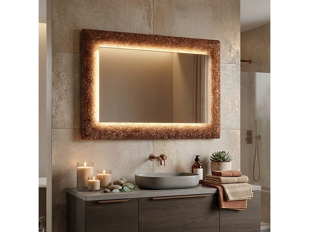 Miroir Avec Cadre En Perles De Verre Coulé Bronze Et Leds Intégrées 90X62