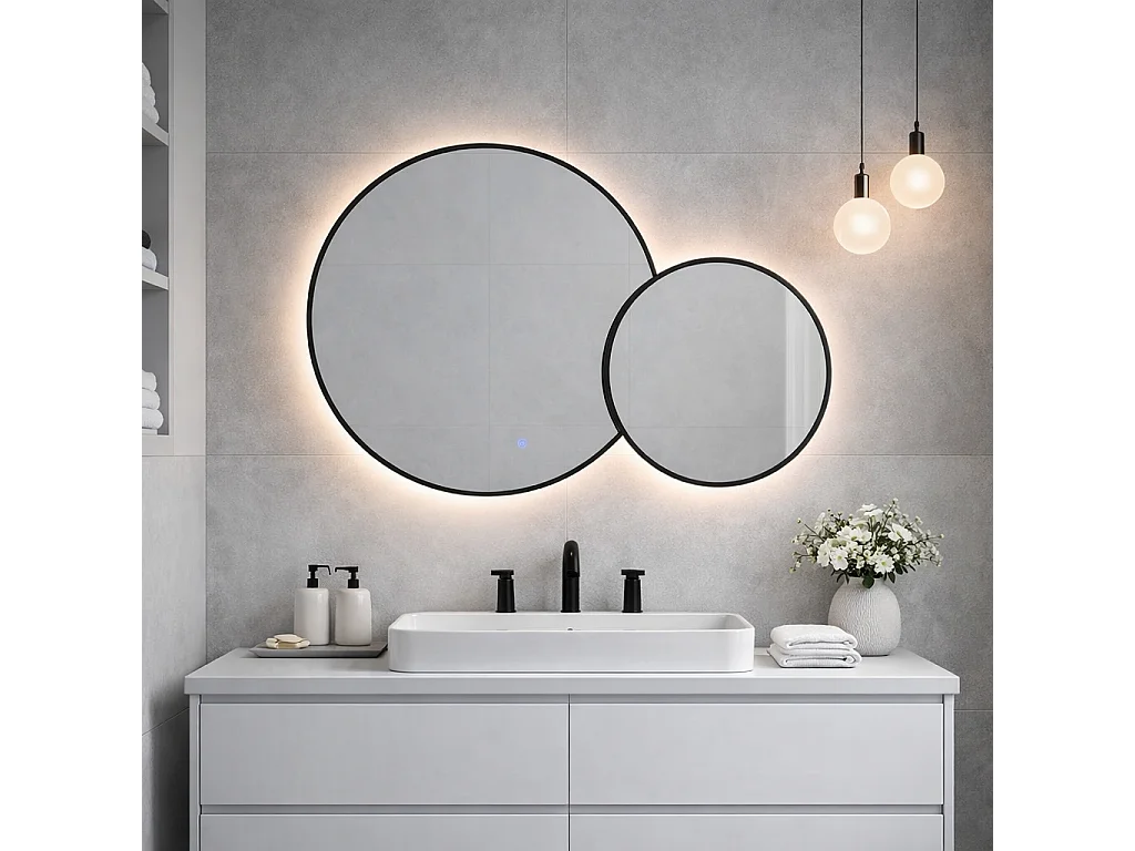 Double Miroir Rond Avec Bord Noir Et Rétro-Éclairage Par Leds