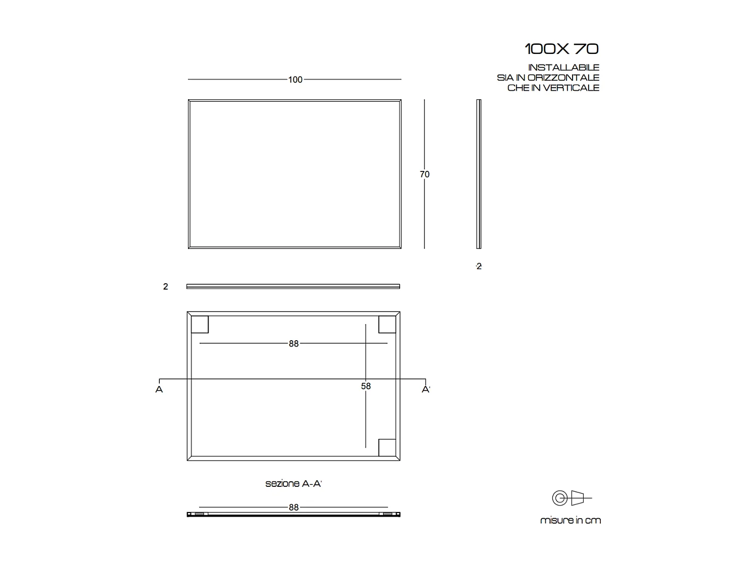 Miroir En Fil De Fer Poli 100X70 Réversible Avec Bordure Noire Mate
