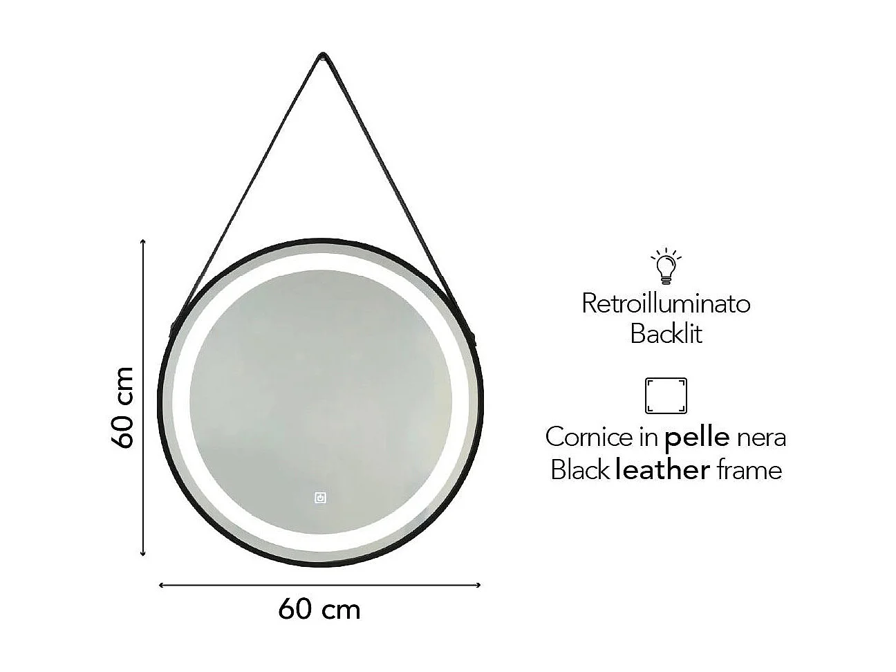 Miroir À Led Arrondi Rétro-Éclairé 75Cm Avec Corniche Et Lacet Noir