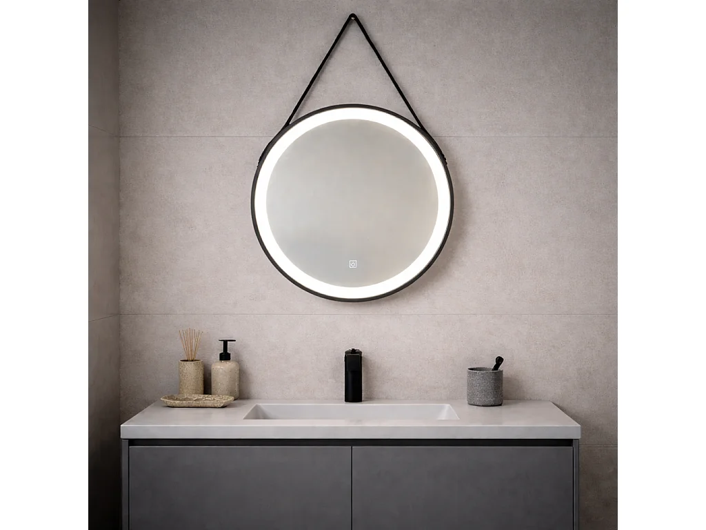 Miroir À Led Arrondi Rétro-Éclairé 75Cm Avec Corniche Et Lacet Noir