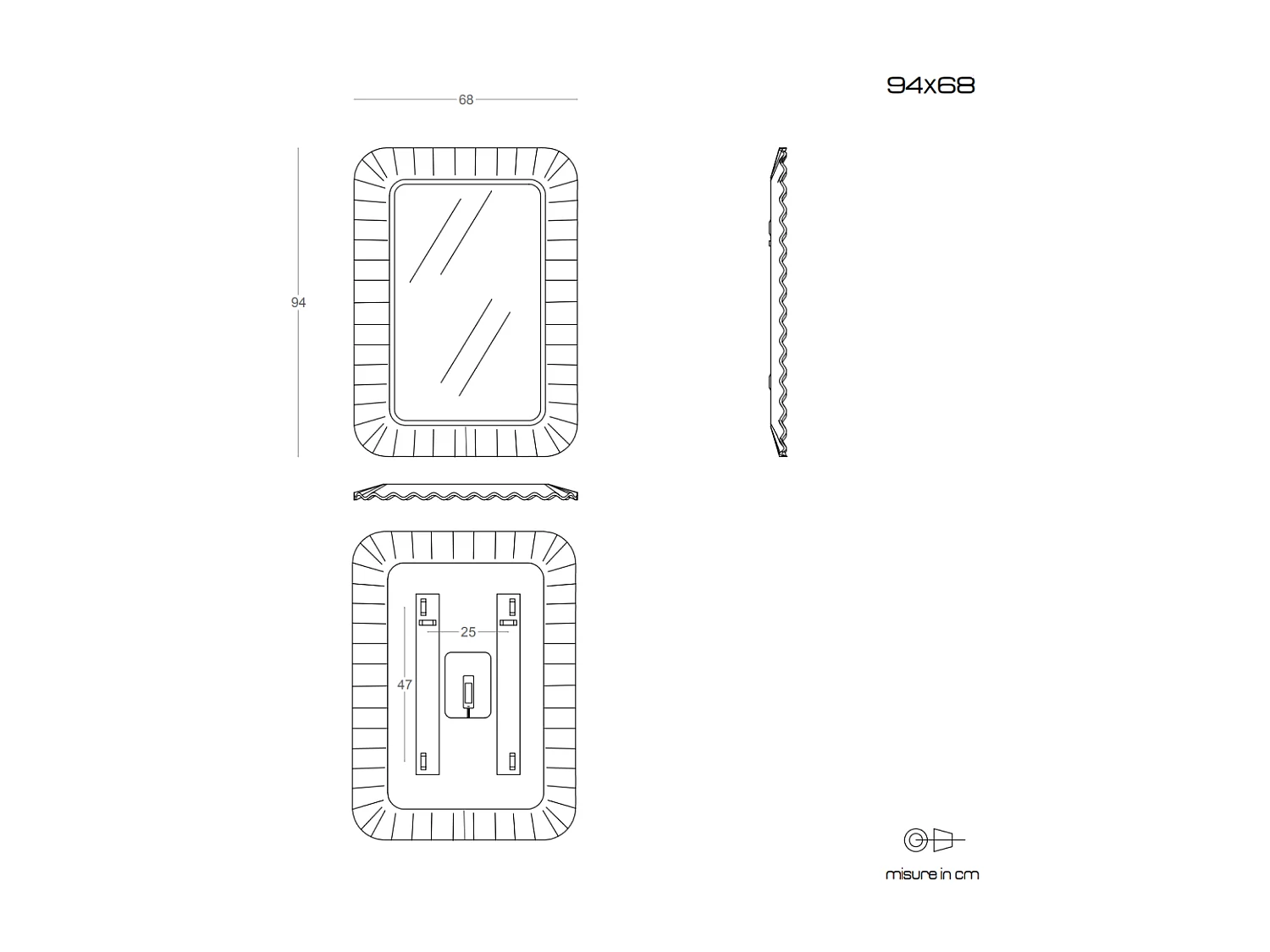 Miroir Avec Cadre En Verre Moulé Ondulé Blanc Et Éclairage À Led 94X68