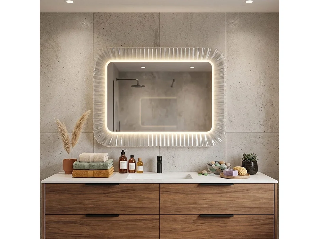 Miroir Avec Cadre En Verre Moulé Ondulé Blanc Et Éclairage À Led 94X68