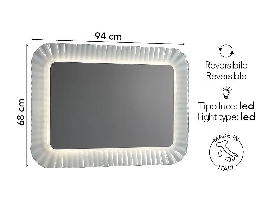 Miroir Avec Cadre En Verre Moulé Ondulé Blanc Et Éclairage À Led 94X68