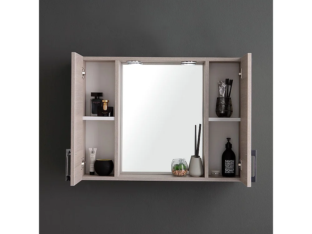 Miroir De Salle De Bain Avec Deux Meubles Hauts En Bois De Chêne Gris Et Led