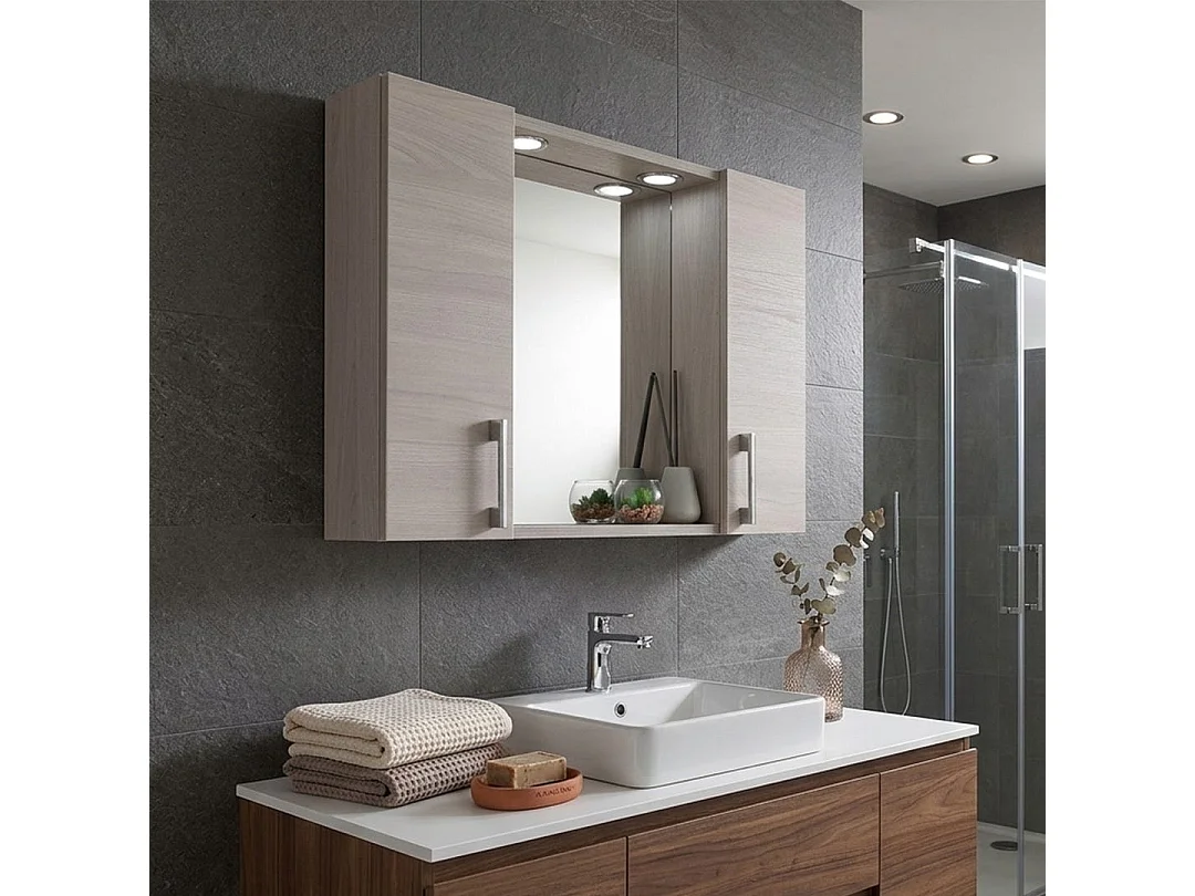 Miroir De Salle De Bain Avec Deux Meubles Hauts En Bois De Chêne Gris Et Led