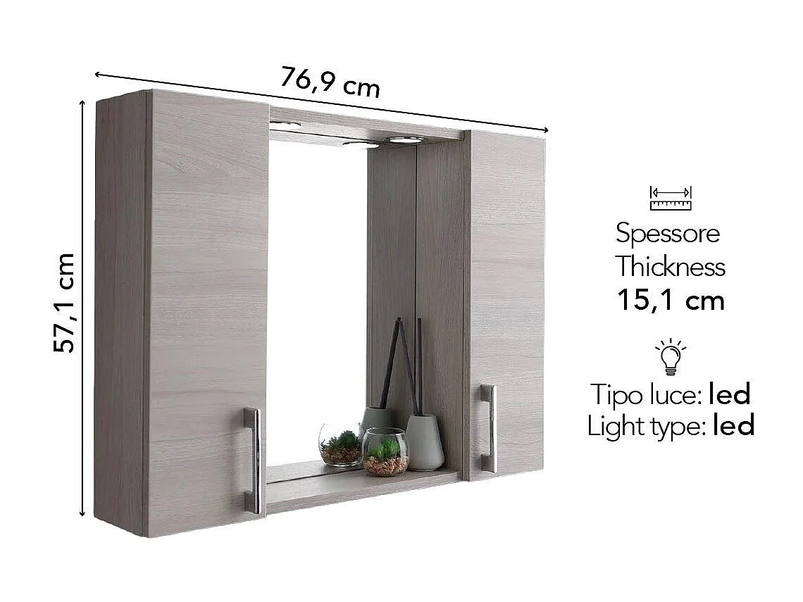 Miroir De Salle De Bain Avec Deux Meubles Hauts En Bois De Chêne Gris Et Led