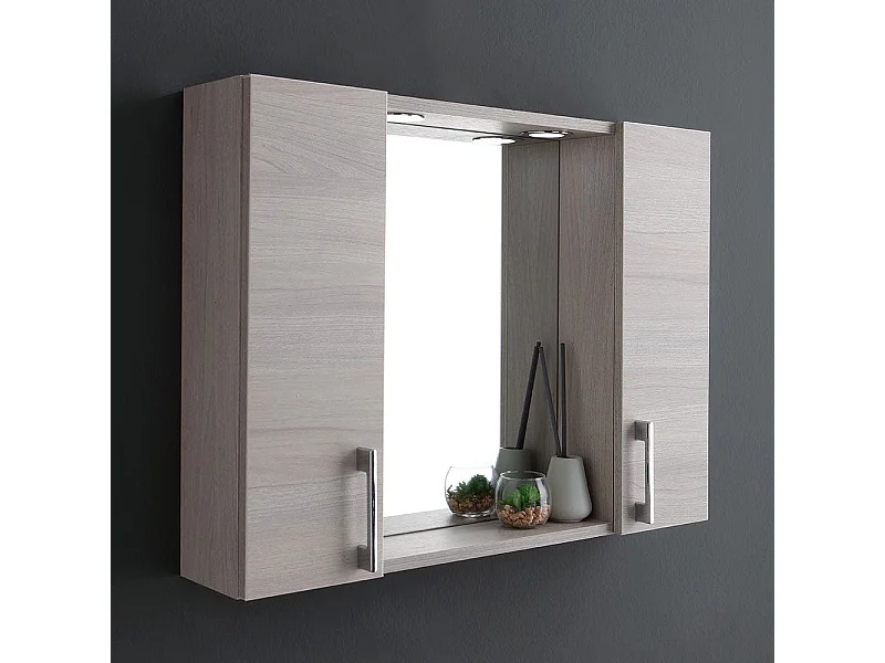 Miroir De Salle De Bain Avec Deux Meubles Hauts En Bois De Chêne Gris Et Led