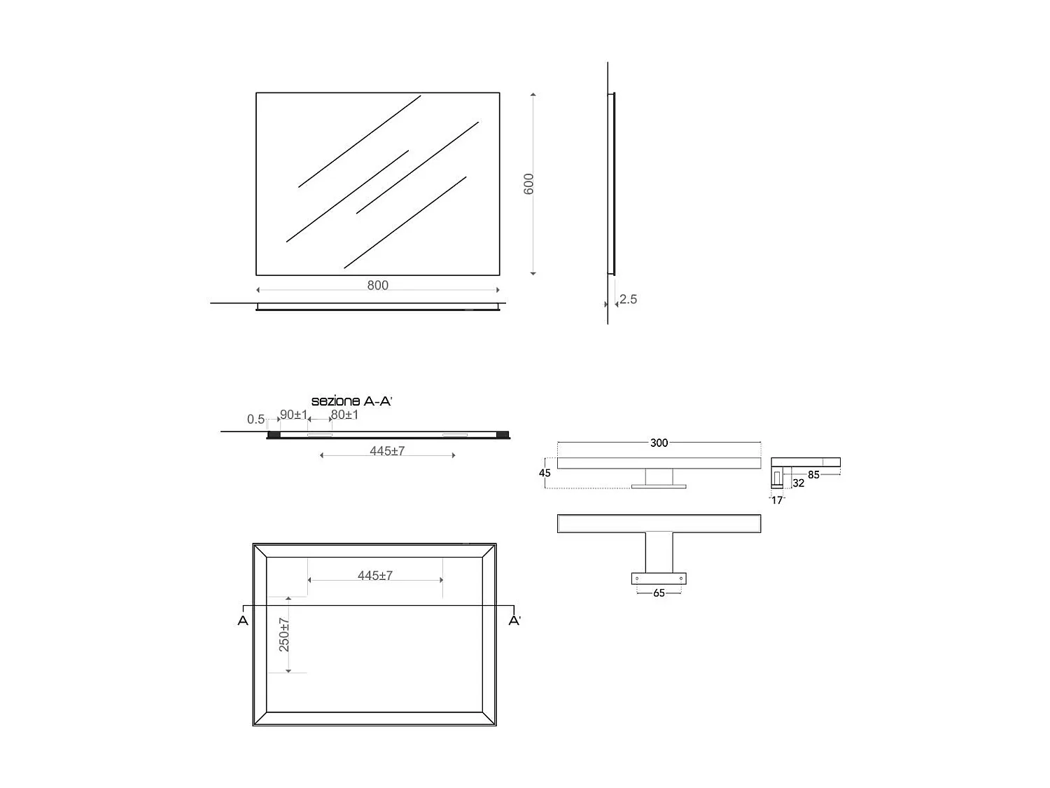 Miroir De Salle De Bains Réversible 80X60 Avec Lampe Chromée De 20Cm