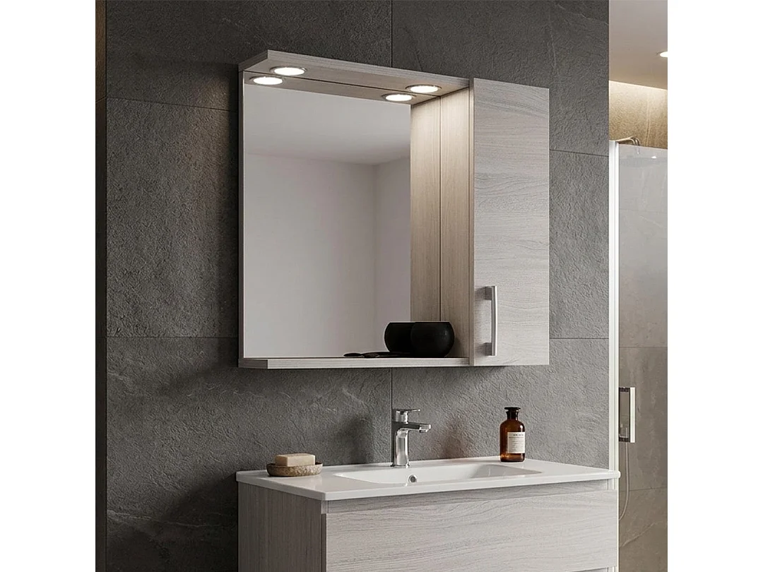 Miroir Avec Unité Murale En Chêne Gris Et Éclairage À Del