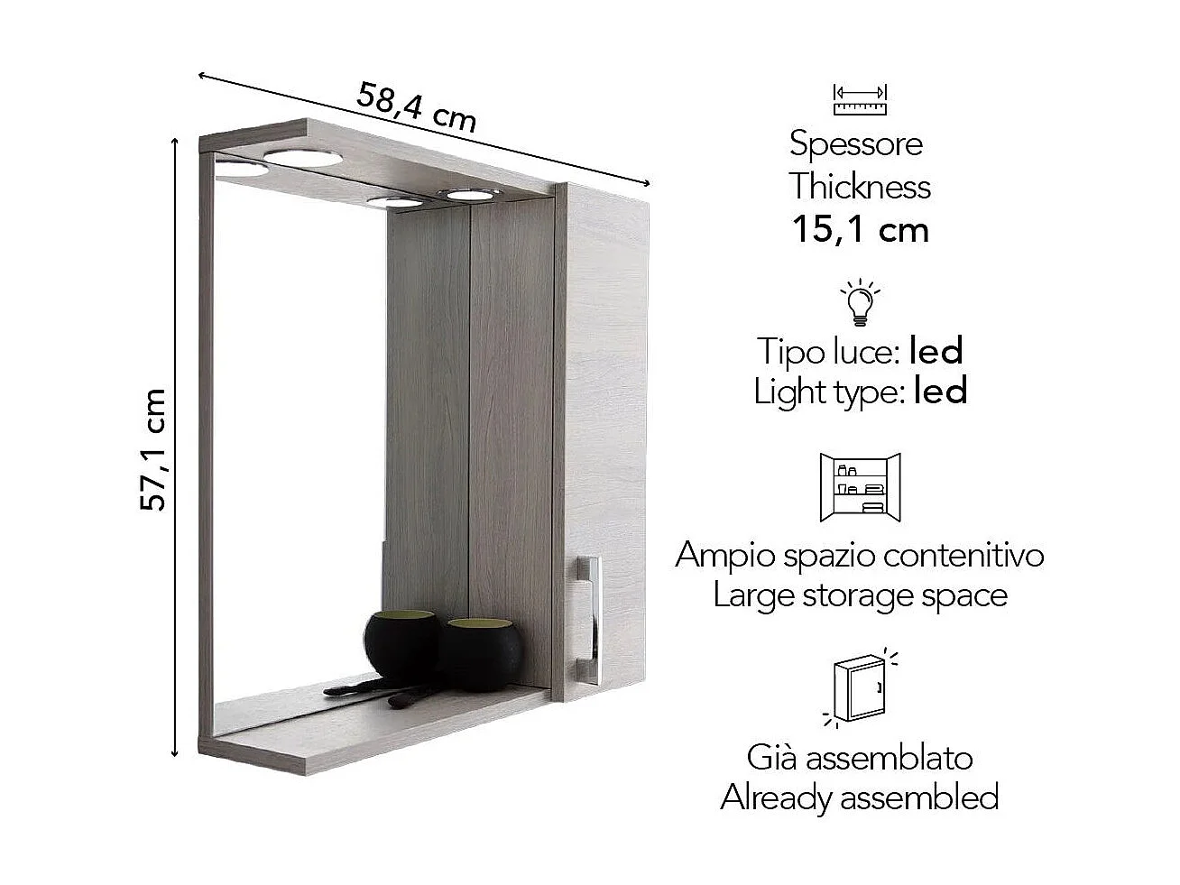 Miroir Avec Unité Murale En Chêne Gris Et Éclairage À Del