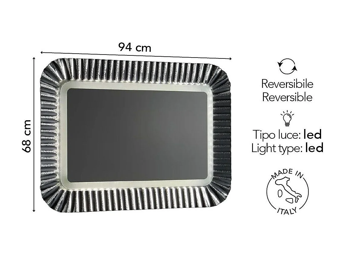 Miroir Avec Cadre En Verre Argenté, Lumière Led, Réversible 94X68