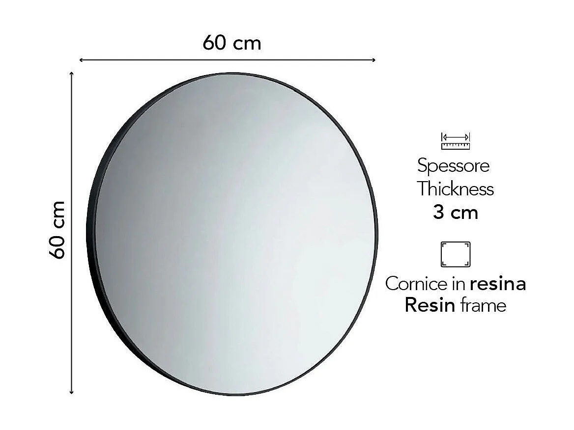 Miroir De Salle De Bain Arrondi 60Cm Avec Corniche En Résine Thermoplastique Noire