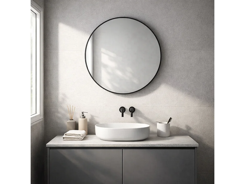 Miroir De Salle De Bain Arrondi 60Cm Avec Corniche En Résine Thermoplastique Noire