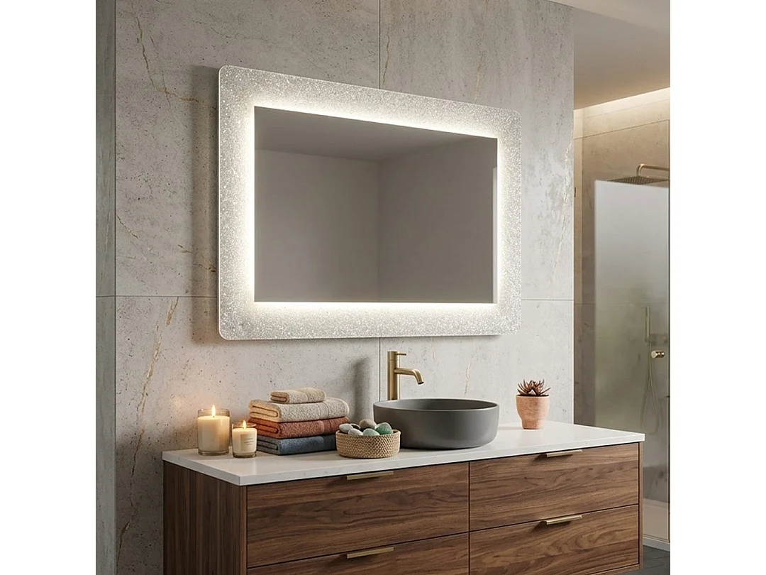 Miroir Blanc Encadré En Verre Fusionné Avec Grit Et Led 90X62