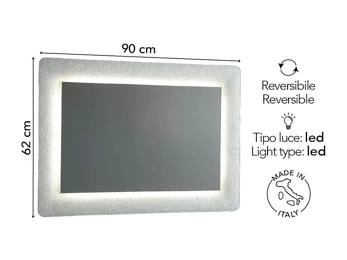 Miroir Blanc Encadré En Verre Fusionné Avec Grit Et Led 90X62