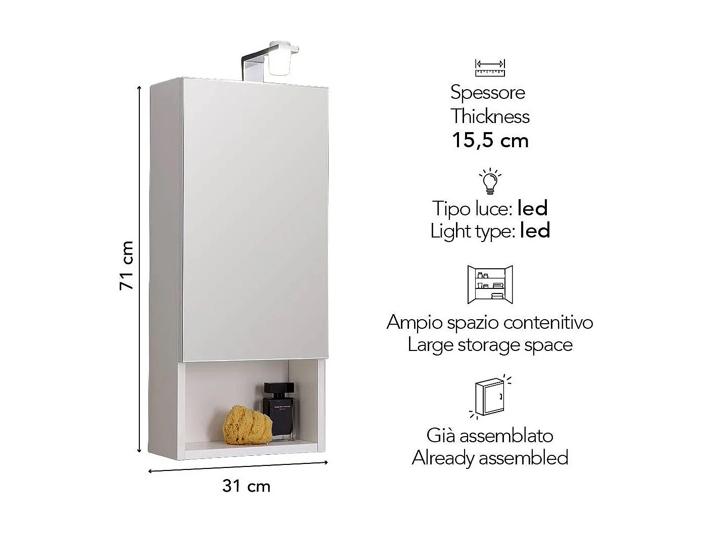 Miroir Blanc À Une Porte, 30 Cm, Avec Lumière