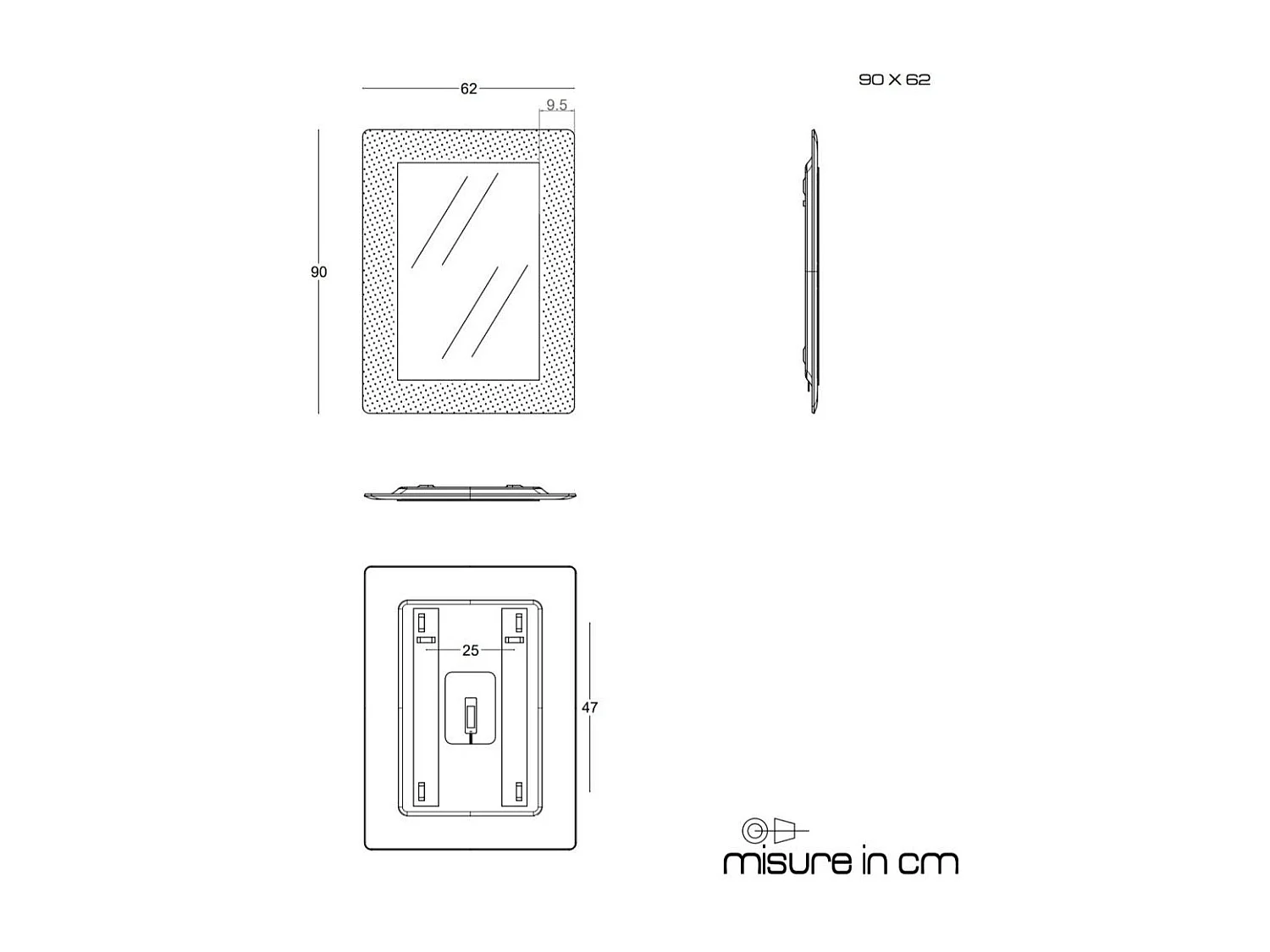 Miroir Noir 90X62 Rétro-Éclairé Par Led, Avec Cadre En Verre Et Gravier