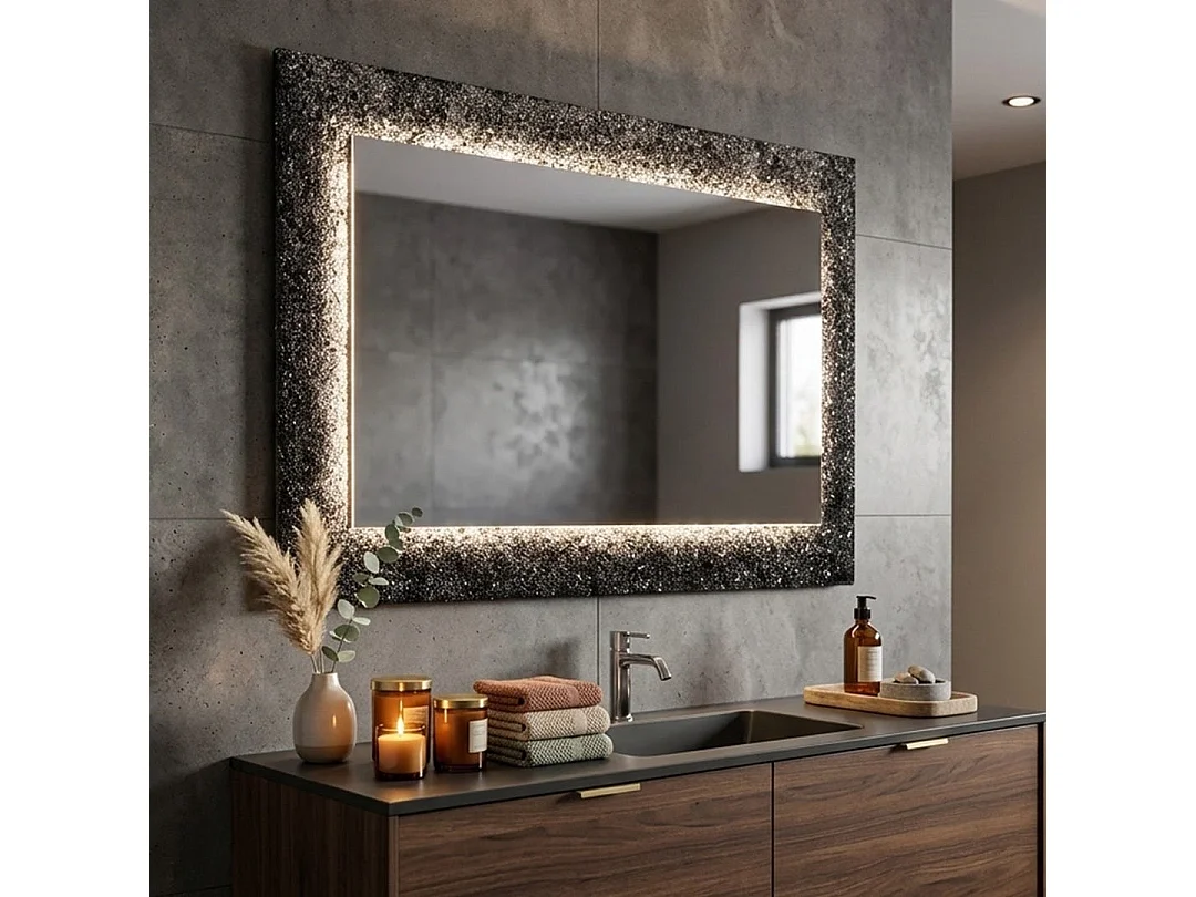 Miroir Noir 90X62 Rétro-Éclairé Par Led, Avec Cadre En Verre Et Gravier