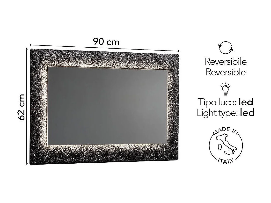 Miroir Noir 90X62 Rétro-Éclairé Par Led, Avec Cadre En Verre Et Gravier