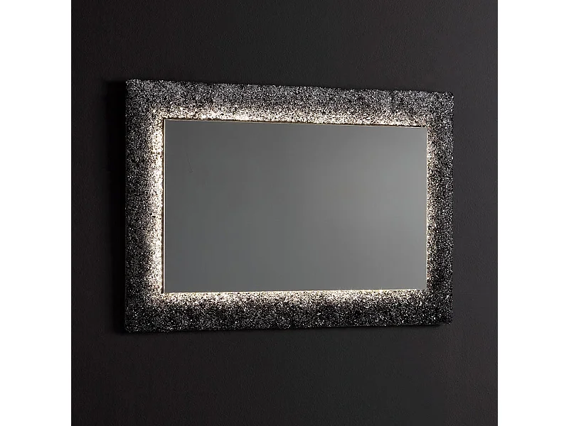 Miroir Noir 90X62 Rétro-Éclairé Par Led, Avec Cadre En Verre Et Gravier