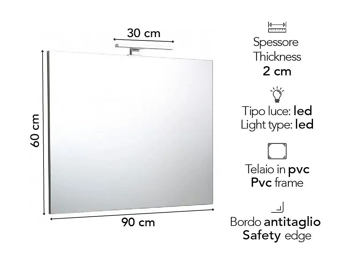 Miroir De Salle De Bain 90X60 Avec Applique Chromée À Led