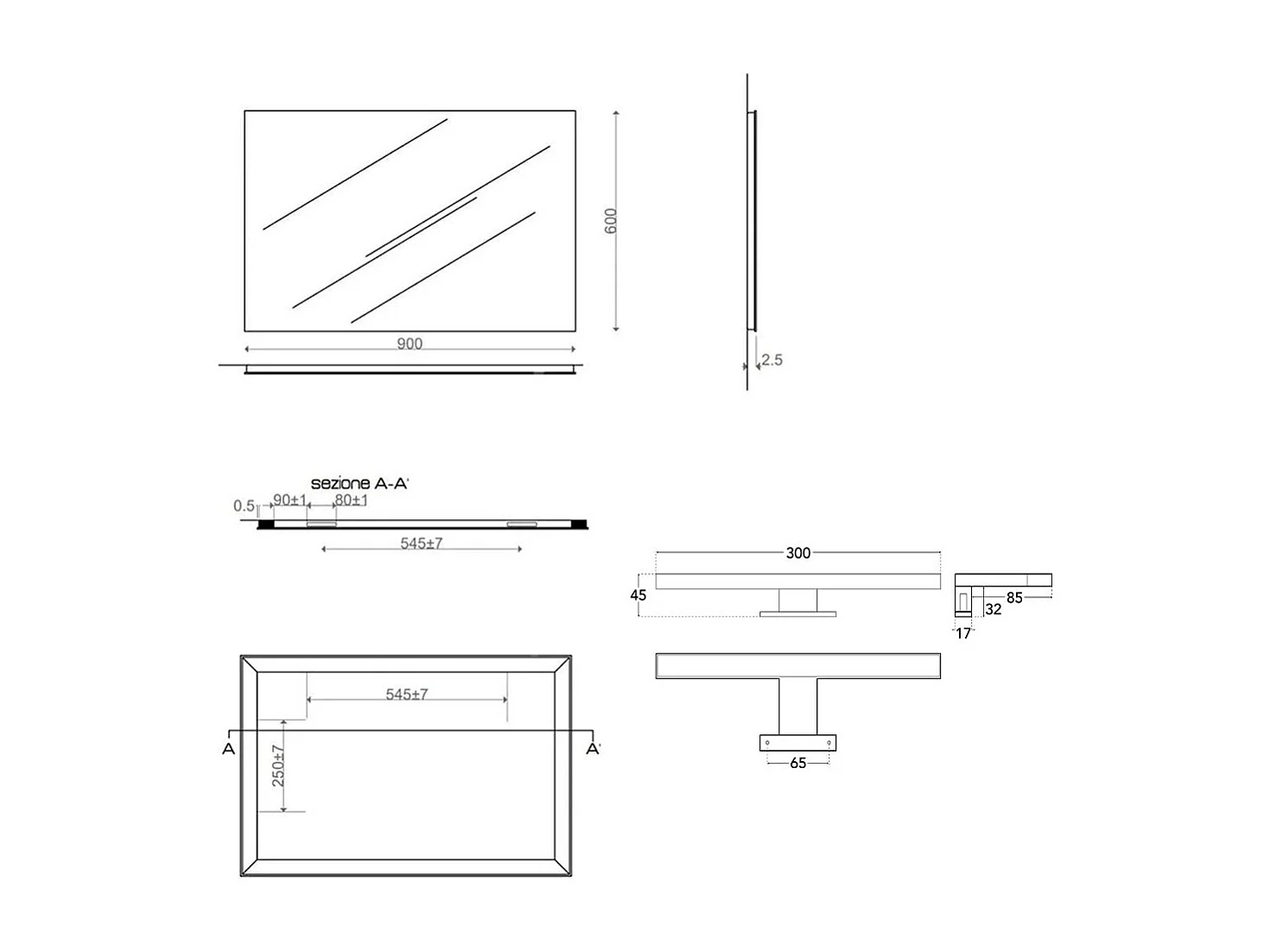 Miroir De Salle De Bain 90X60 Avec Applique Chromée À Led