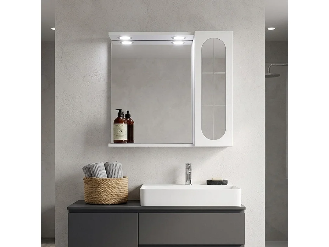 Miroir De Salle De Bain Blanc De 58 Cm, Armoire Murale Avec Porte En Aluminium Et Spots À Led