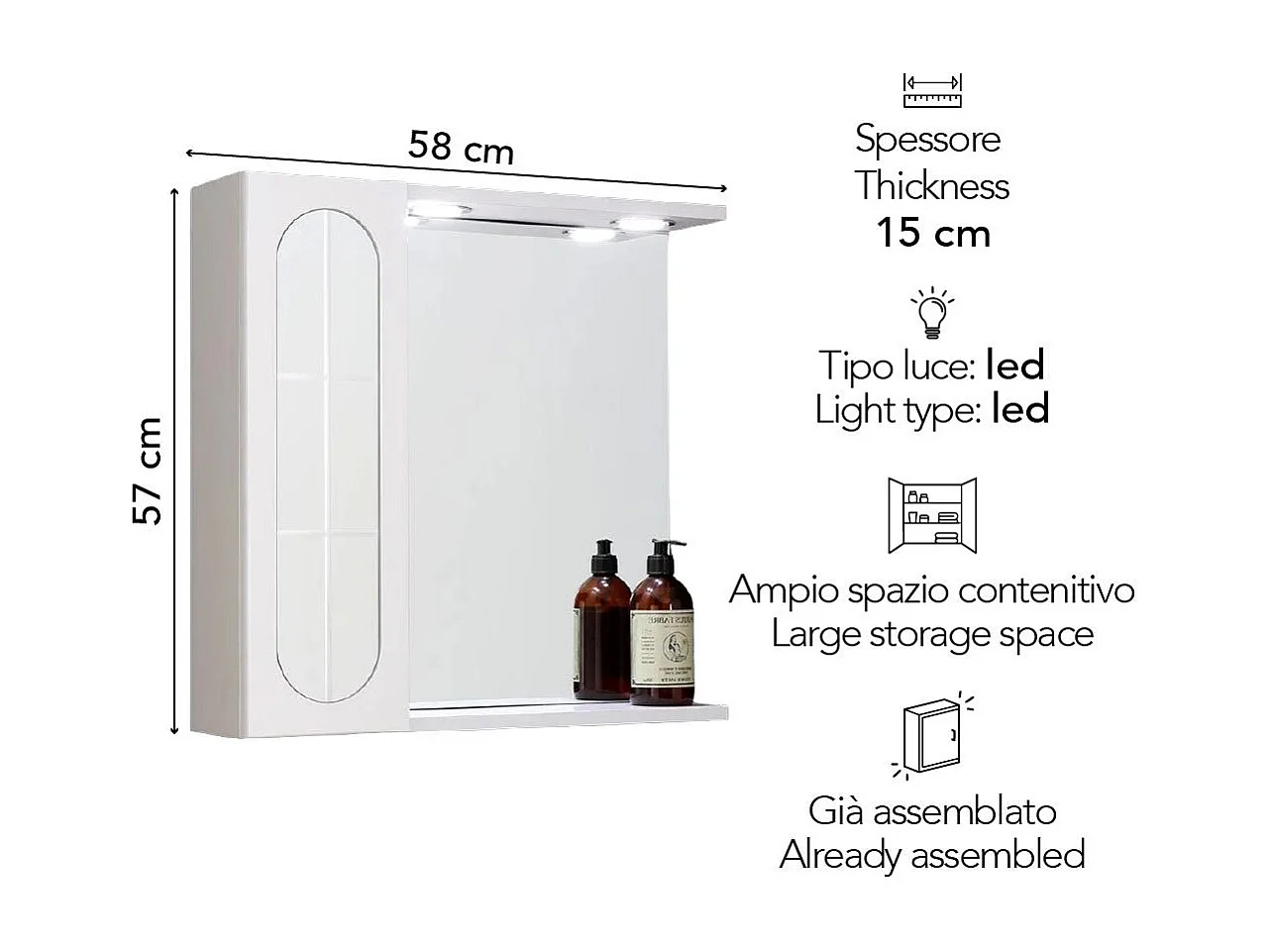 Miroir De Salle De Bain Blanc De 58 Cm, Armoire Murale Avec Porte En Aluminium Et Spots À Led