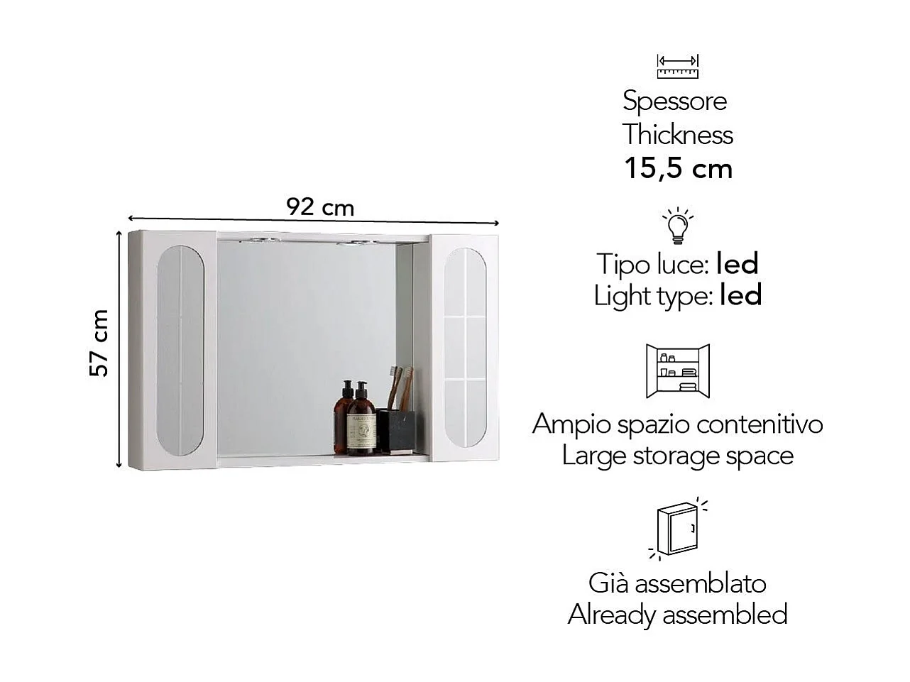 Container Salle De Bain Miroir 92Cm 2 Meubles Muraux Avec Porte Miroir Et Lumière Led