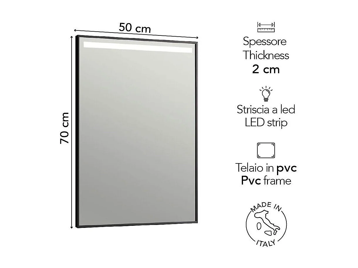 Miroir De Salle De Bain 50X70 Avec Bande Rétro-Éclairée Par Led Cadre Noir Mat