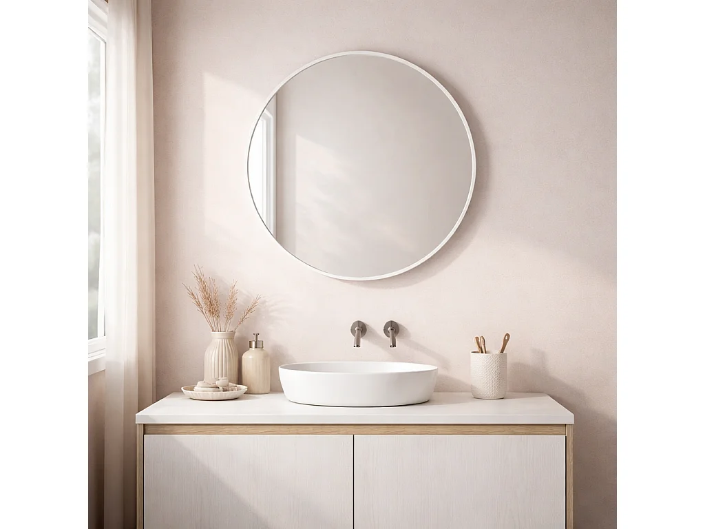 Miroir Mural Arrondi D.60Cm Avec Corniche En Résine Blanche