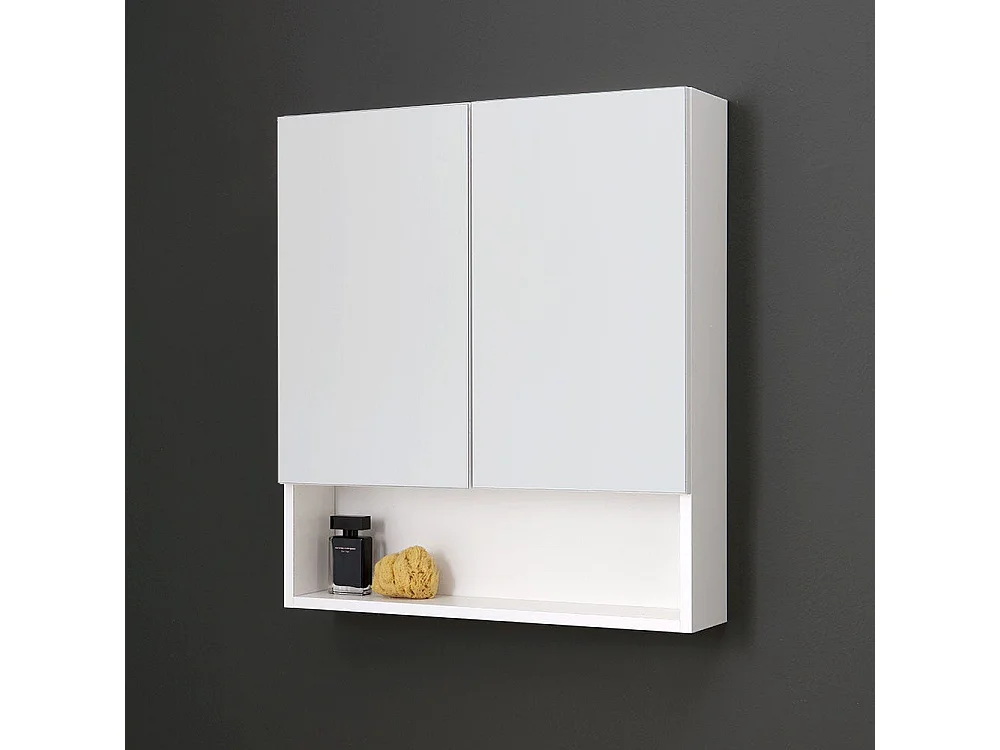 Miroir De Rangement Blanc Avec Deux Portes Et Un Compartiment Ouvert 62Cm