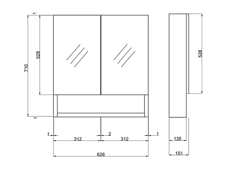 Miroir De Rangement Blanc Avec Deux Portes Et Un Compartiment Ouvert 62Cm