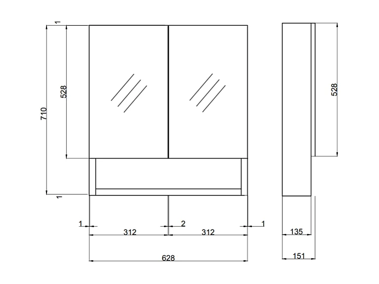 Miroir De Rangement Blanc Avec Deux Portes Et Un Compartiment Ouvert 62Cm
