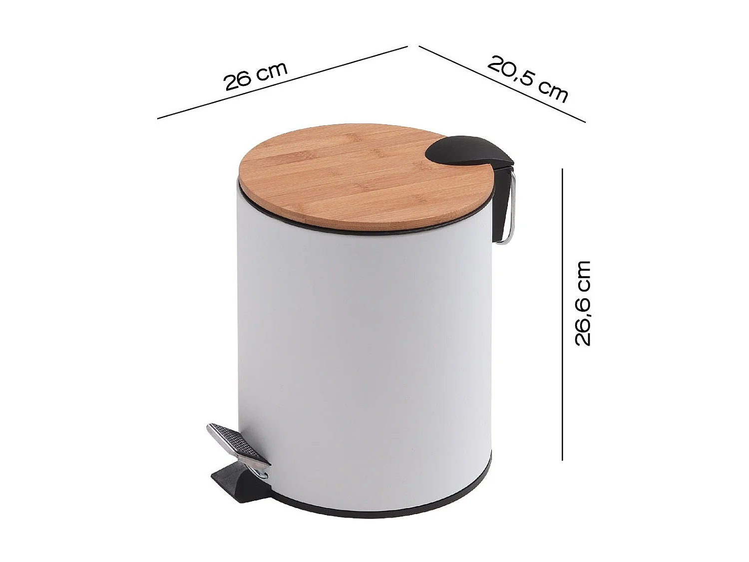 Poubelle De Salle De Bains Ronde De 5 Litres À Pédale, Blanche/Fermeture Douce, En Métal Et Bambou | Ortensia