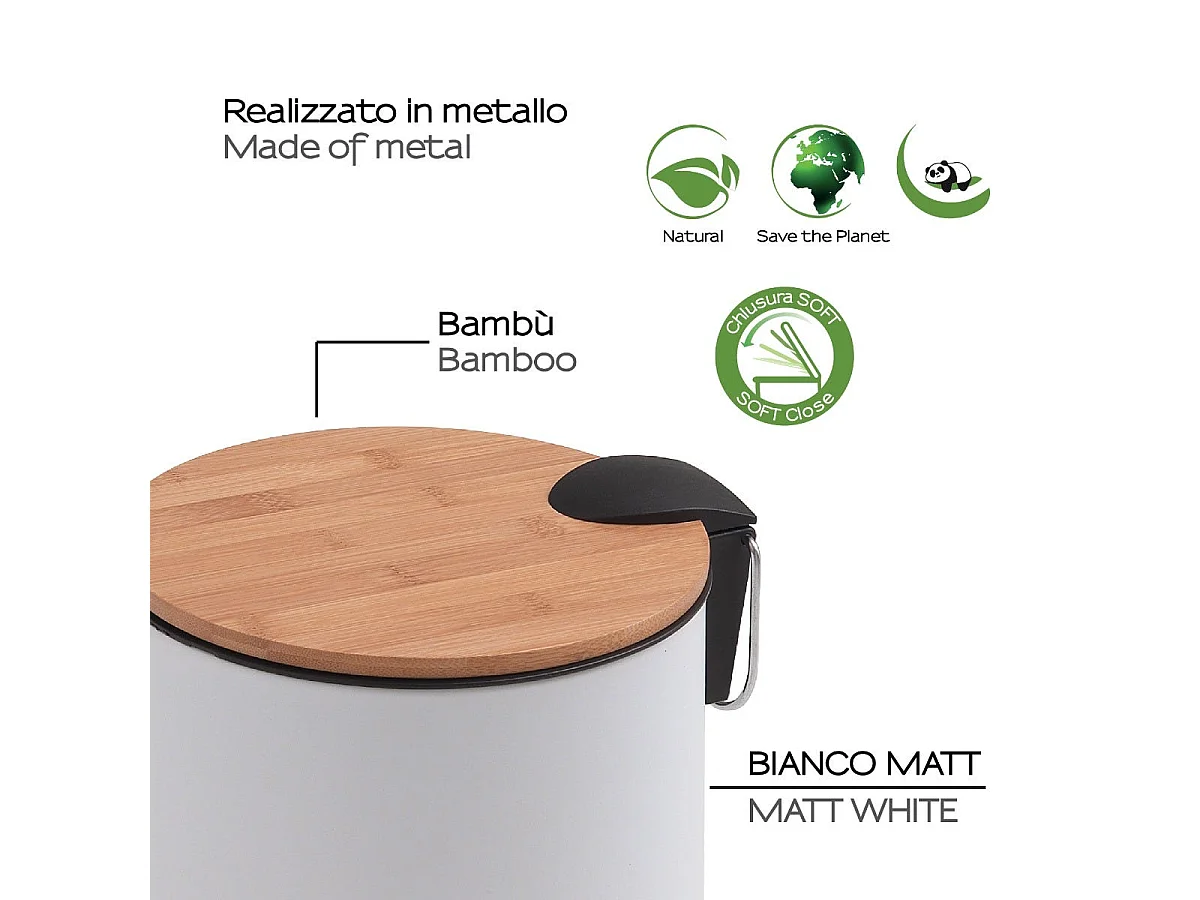 Poubelle De Salle De Bains Ronde De 5 Litres À Pédale, Blanche/Fermeture Douce, En Métal Et Bambou | Ortensia