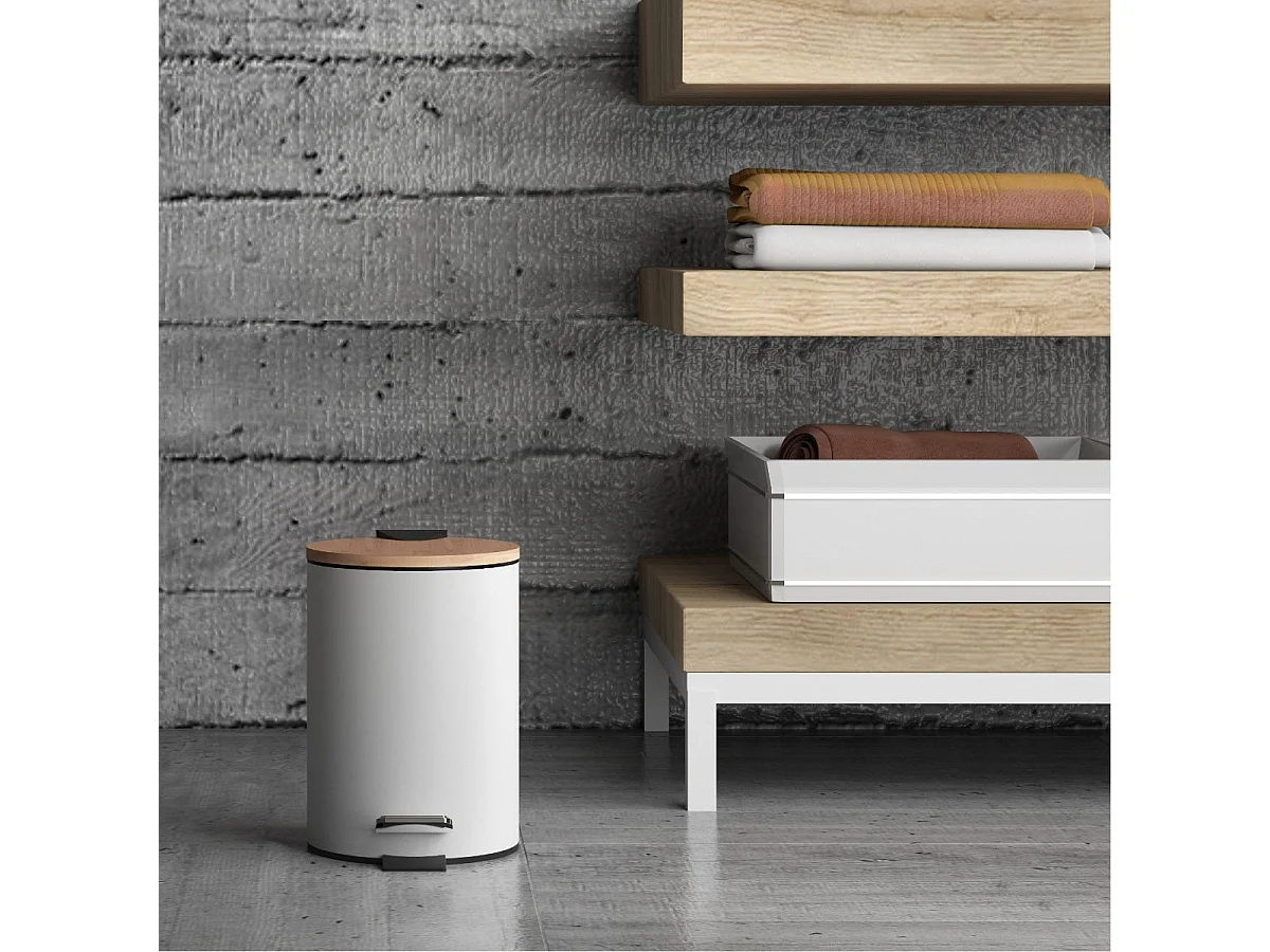 Poubelle De Salle De Bains Ronde De 5 Litres À Pédale, Blanche/Fermeture Douce, En Métal Et Bambou | Ortensia