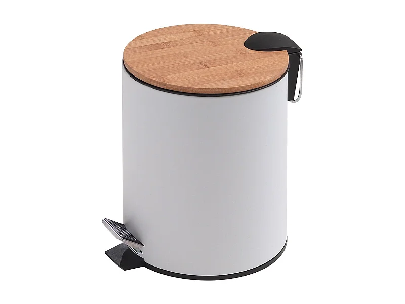 Poubelle De Salle De Bains Ronde De 5 Litres À Pédale, Blanche/Fermeture Douce, En Métal Et Bambou | Ortensia