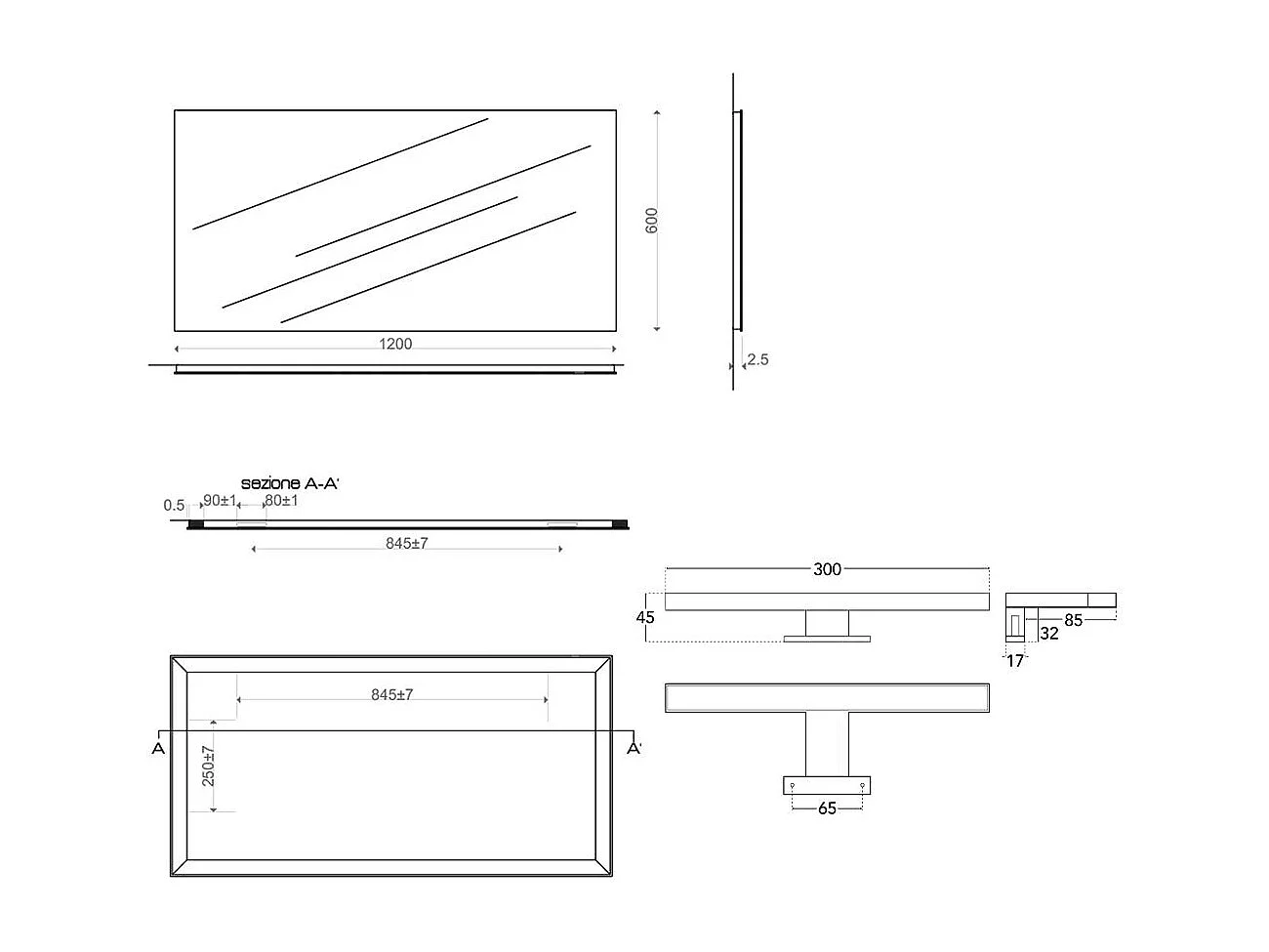 Miroir De Salle De Bain 120X60 Avec Lampe À Led Chromée 30Cm
