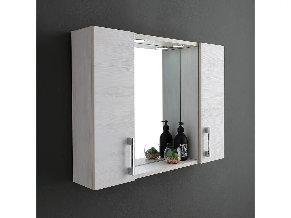 Miroir De Salle De Bain À Conteneur Avec Deux Éléments Muraux En Chêne Blanc Et Une Lampe À Del