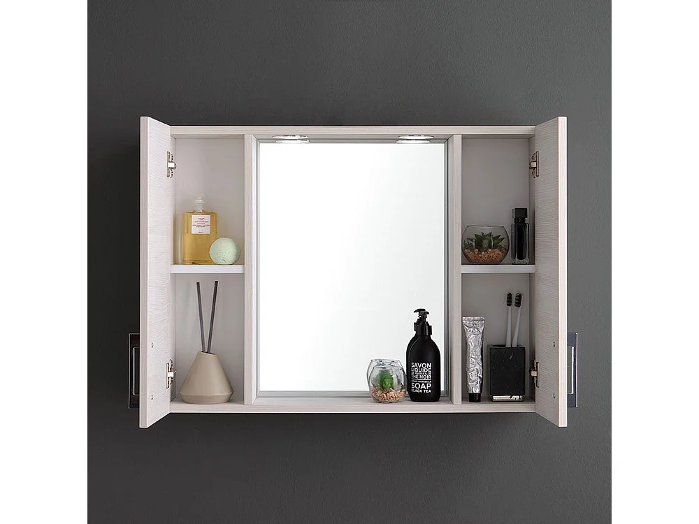 Miroir De Salle De Bain À Conteneur Avec Deux Éléments Muraux En Chêne Blanc Et Une Lampe À Del