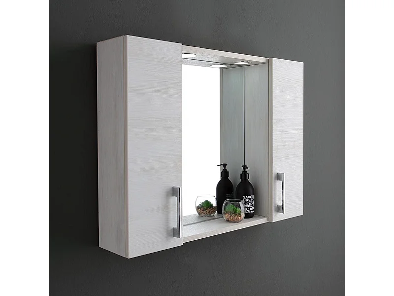 Miroir De Salle De Bain À Conteneur Avec Deux Éléments Muraux En Chêne Blanc Et Une Lampe À Del