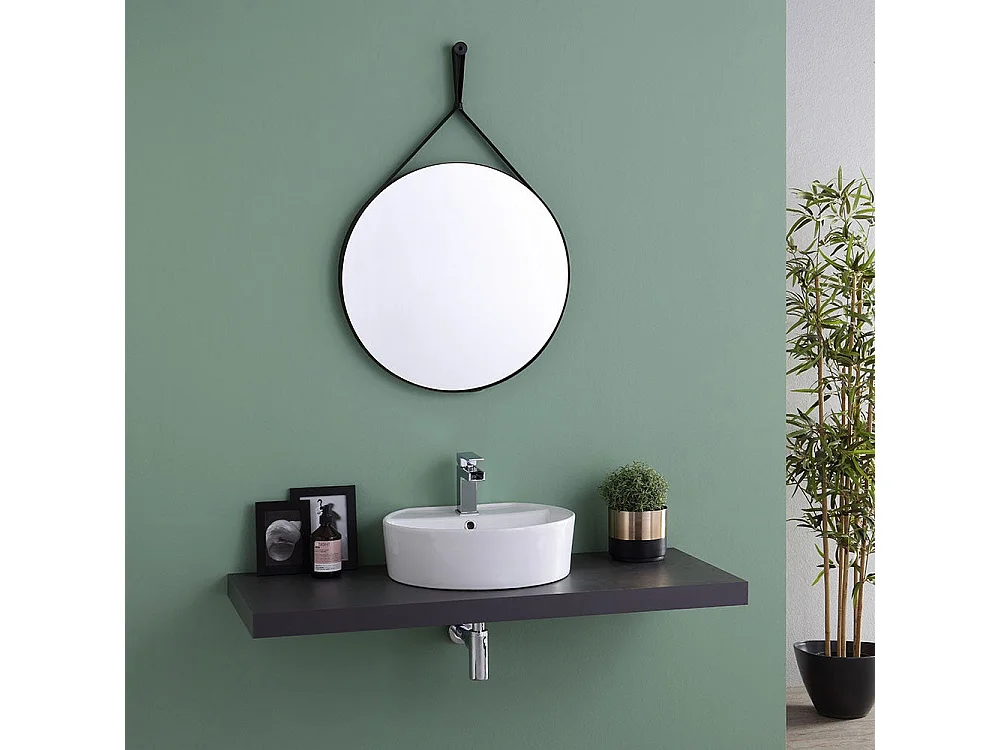 Miroir De Salle De Bains Design Et Rond Avec Cadre En Cuir Noir